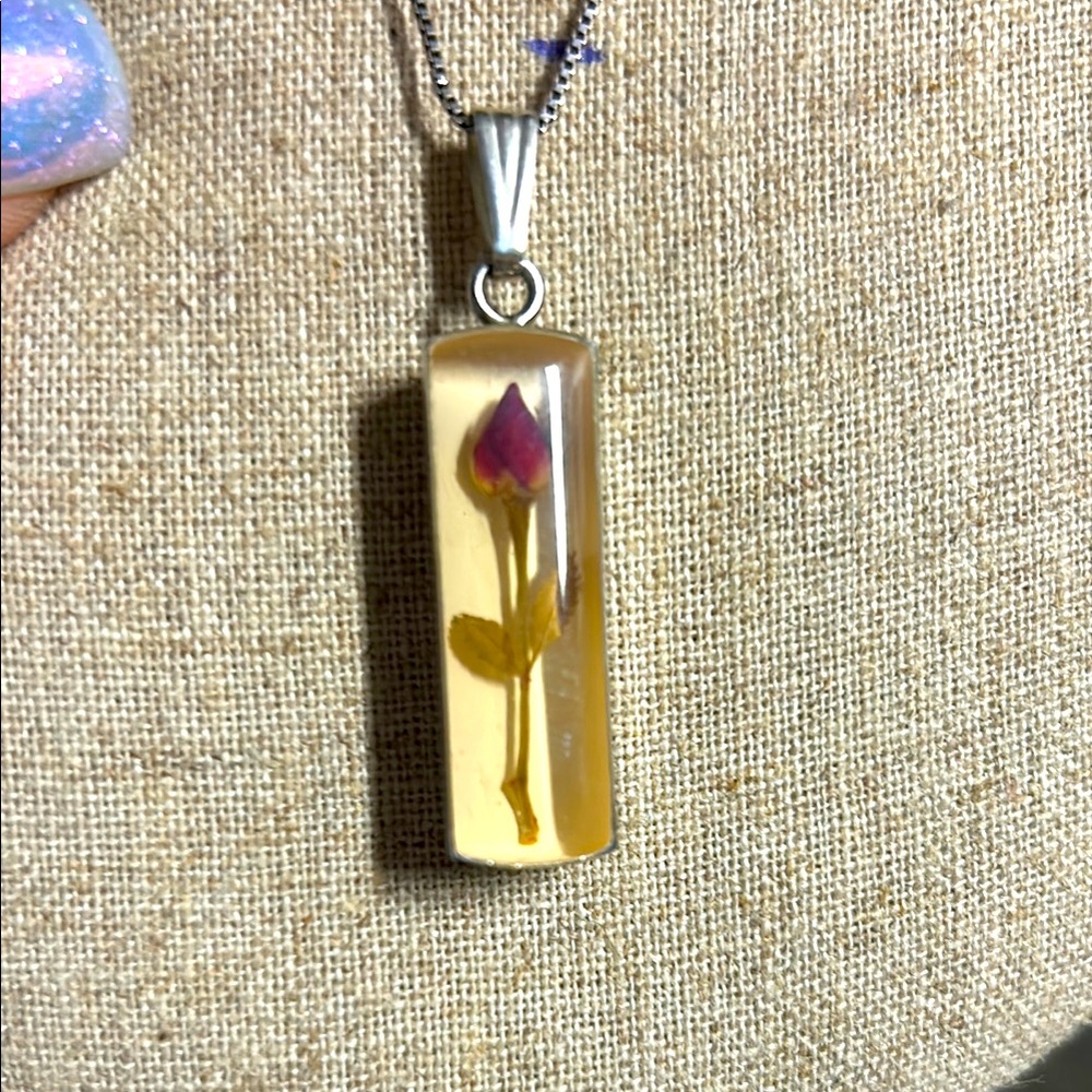 Vintage Dried Flower‎ Pendant. Rose Silver 20 inch chain